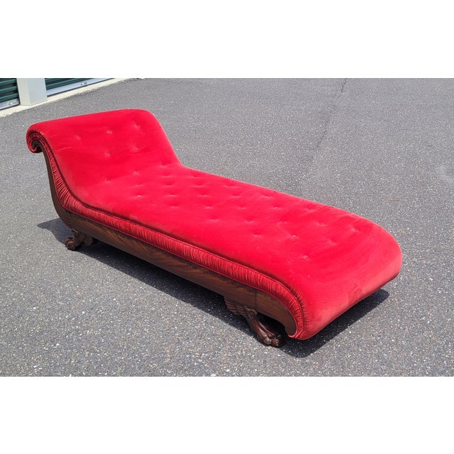 Art Deco Antique 19th Century Art Deco Style Red Velvet Chaise Lounge Sofa For Sale - Image 3 of 17