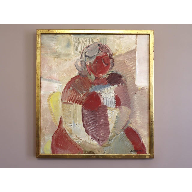 PORTRAIT IN CRIMSON Oil on canvas Size: 22.8 x 20.9 inches (including frame) A compelling mid-century abstract figurative...