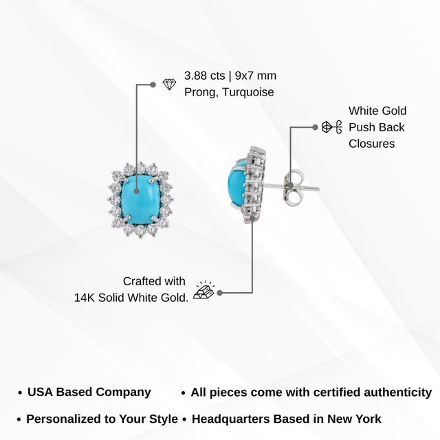 Vintage Inspired 14k Gold 3.88ct Turquoise & Diamond Stud Earrings- A Pair For Sale - Image 12 of 14
