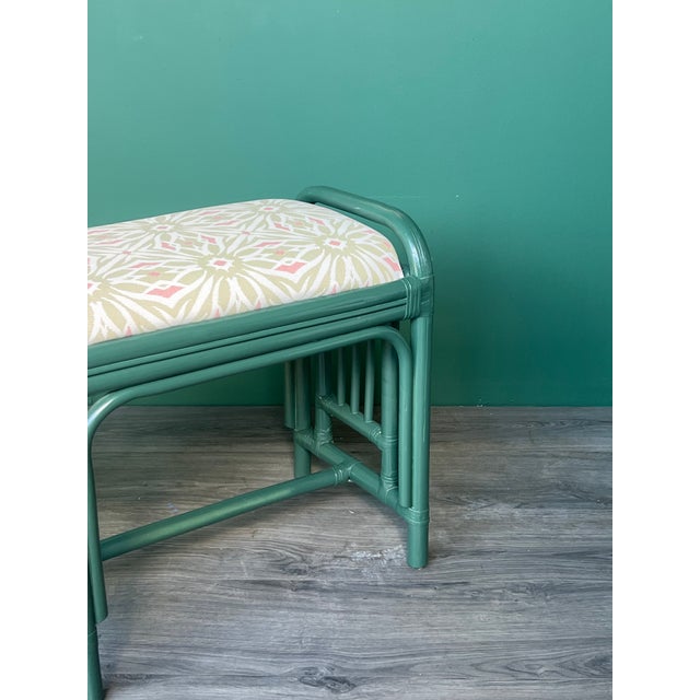 1970s Palm Beach Style Green Lacquered Bench With Floral Upholstery For Sale - Image 10 of 10