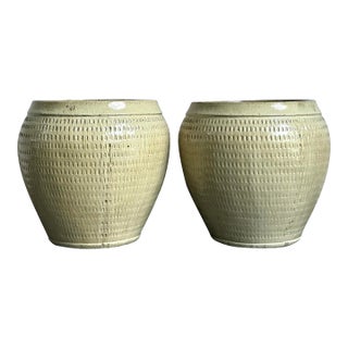 Vintage Boho Monumental Glazed Ceramic Planters - A Pair For Sale