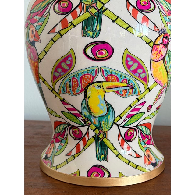 2000 - 2009 Palm Beach Style Decorative Ceramic Ginger Jar- Tropical Theme Hot Pink, Green With Gilt Accents For Sale - Image 5 of 12