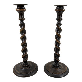 12.5” Antique English Oak Barley Twist Candlesticks With Brass Inserts - Pair For Sale