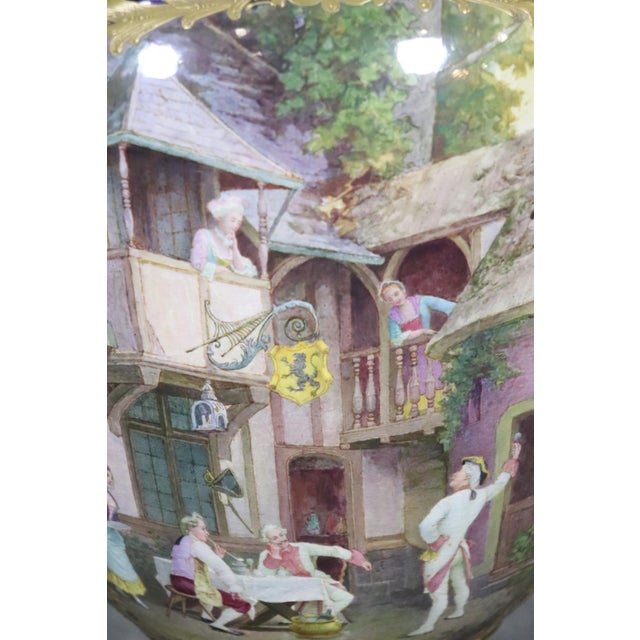 French Provincial French Signed Sevres Monumental Urn Hand Decorated With Provincial French Scene For Sale - Image 3 of 12