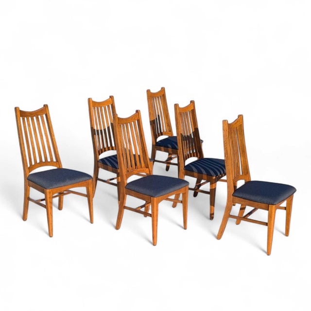Set of Six Restored Mid-Century Oak Slat-Back Dining Chairs, Walnut For Sale - Image 15 of 18