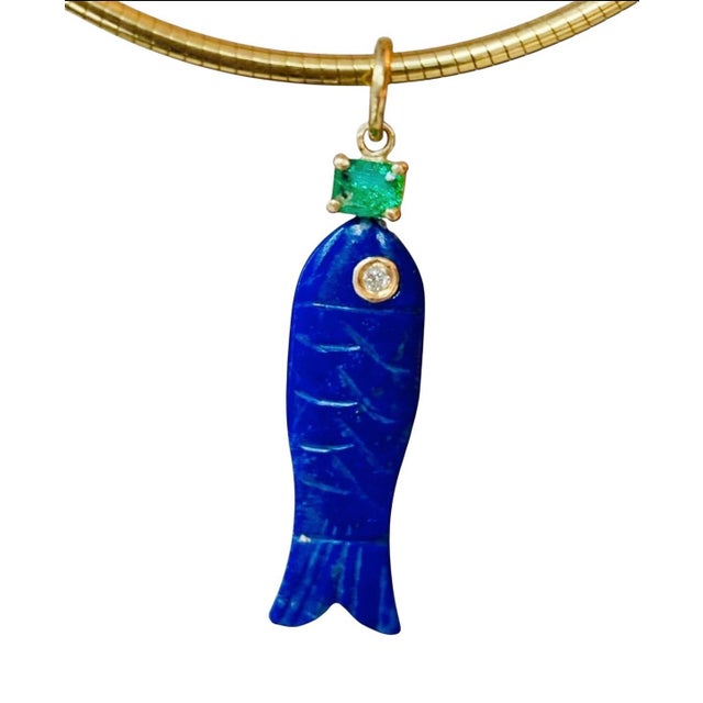 Contemporary Perfect Poisson Lapis Pendant With Emerald, Diamond & 14k Gold For Sale - Image 3 of 11
