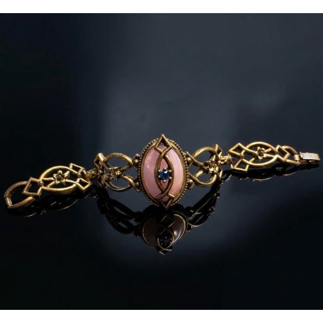 Metal Early 20th Century Art Neuvo Style Bubblegum Pink Bakelite Solid Metal Link Bracelet For Sale - Image 7 of 7