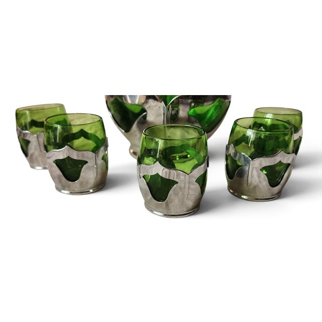 Antique Art-Deco Farber Brothers Krome Kraft Cambridge Green Glass & Chrome Decanter w/ 5 Glasses, 1930s. Marked on...