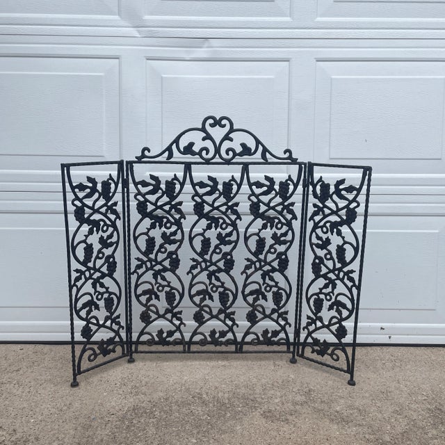 Wonderful cast iron frame accented with scrolls and grapevines graces the simplistic bi-fold design of this fireplace screen.