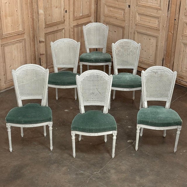 Early 20th Century Set of Six Neoclassical Painted Swedish Chairs With Caned Backs & Mohair Seats For Sale - Image 5 of 15