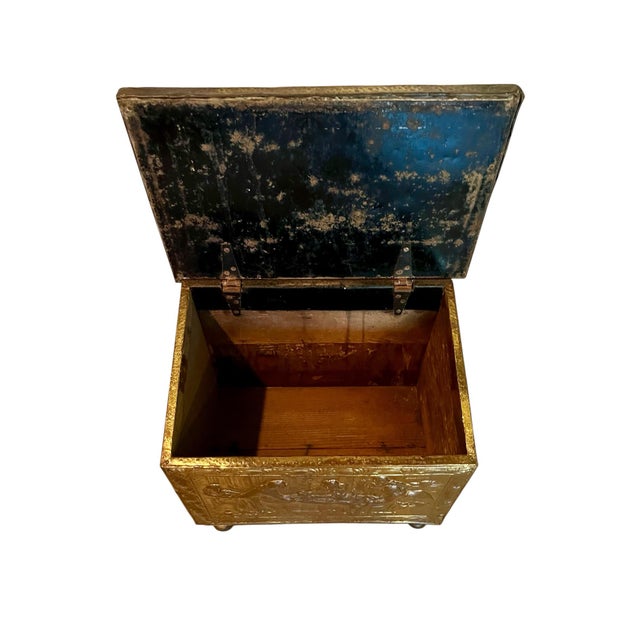 1950s Antique Embossed Brass Clad Kindling Chest For Sale - Image 5 of 6