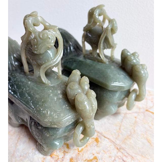 2 Antique Chinese Dragon Celadon Jade Vessels Custom Stands Qing Republic Era For Sale - Image 4 of 12