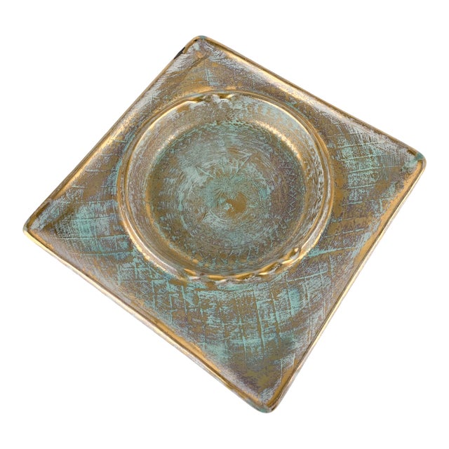 Vintage Stangl MCM Antique Gold Blue Large Ceramic Ashtray Hollywood Regency For Sale