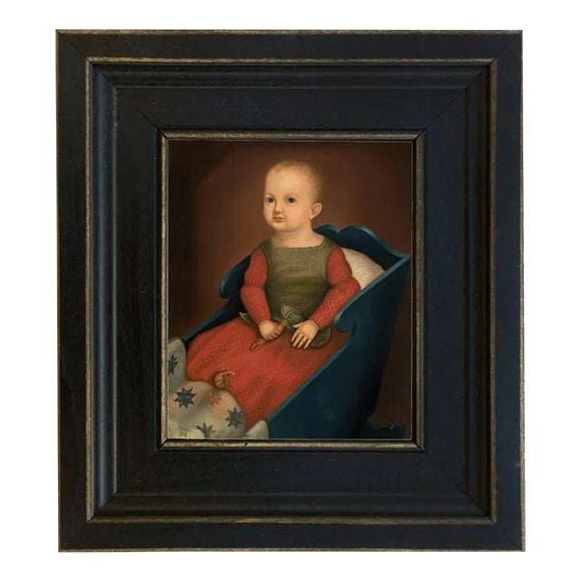 "Primitive Baby in Cradle" Framed Print on Canvas in Distressed Black Wood Frame For Sale