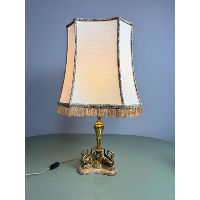 Hollywood Regency Sculptural Swan Table Lamp with Marble Base and Fringed Shade attributed to Deknudt, Belgium, 1970s For Sale - Image 6 of 10