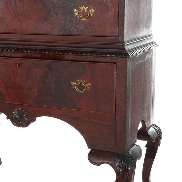 Wood Antique Queen Anne Style Carved Mahogany Bonnet Top High Boy C1900 For Sale - Image 7 of 18