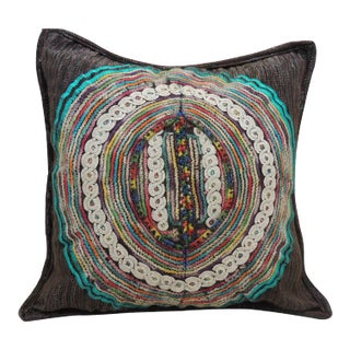 Large Black and Aqua Guatemalan Embroidered Square Decorative Pillow For Sale
