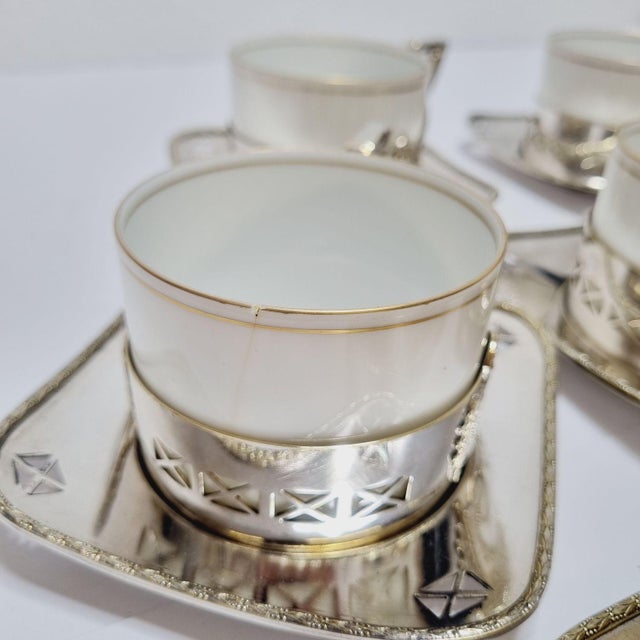 Ceramic Art Deco Silver-Plated Argentor Tea Set with Karlsbad Porcelain Liners, 1930s, Set of 20 For Sale - Image 7 of 18