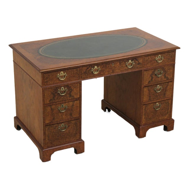 English 3 Part Leather Top Burl Walnut Desk For Sale