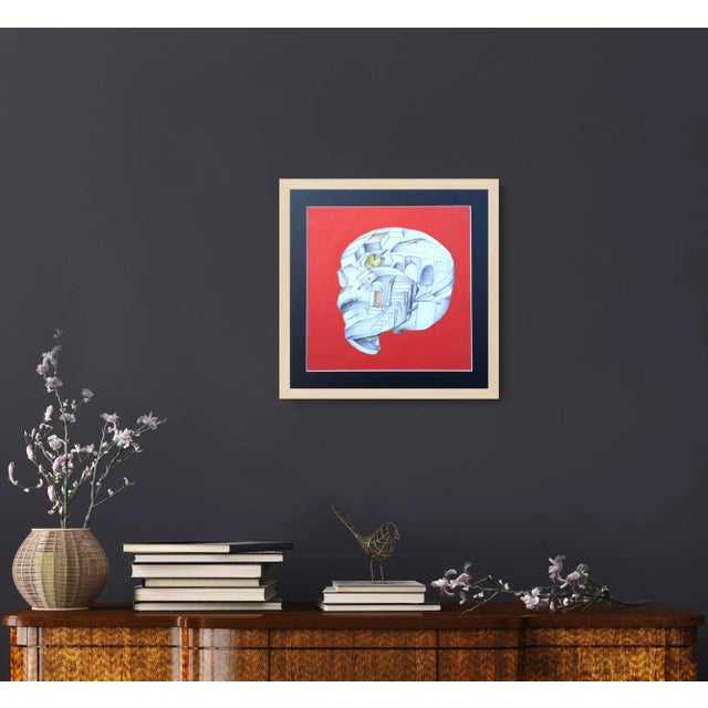 Italian 'Vanity Skull' Framed Original Italian Surrealist Imaginary Pencils Drawing Circa 1990 For Sale - Image 3 of 6