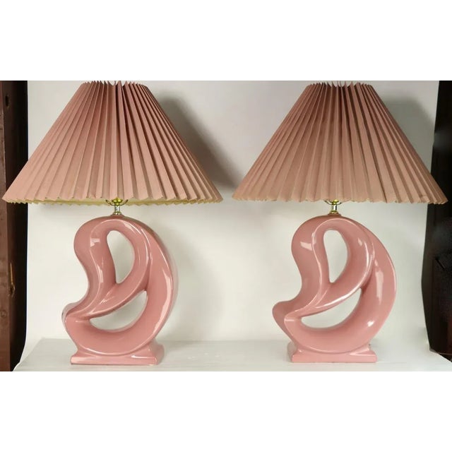 1980s Organic Form Mauve Ceramic Lamps with Original Pleated Shades - A Pair For Sale - Image 5 of 12