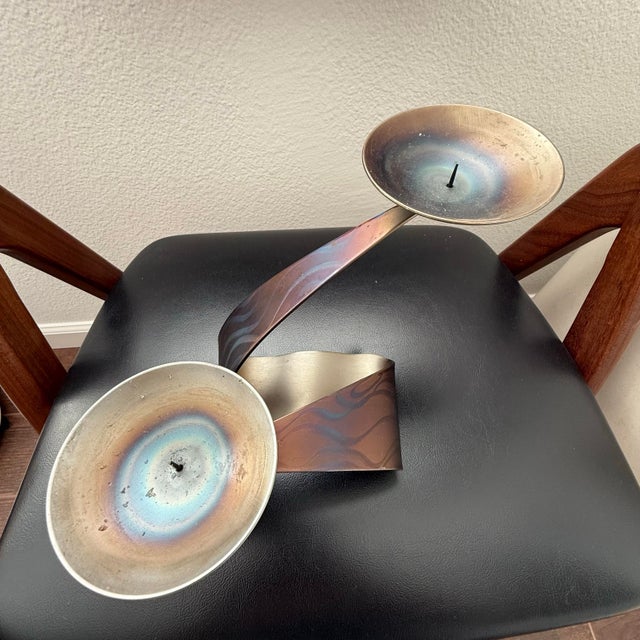 Mid Century Vintage Brutalist Ferart Artisan Candelabra Steel Taper Candle Holder MCM For Sale - Image 12 of 12