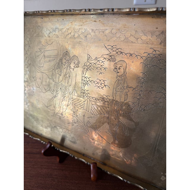 Antique Early 20th Century Engraved Chinese Brass Opium Tray With Scalloped Rim For Sale - Image 10 of 17