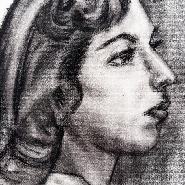 Paper Vintage Charcoal Portrait Drawing of a Woman With Headband and Swept Curls For Sale - Image 7 of 11