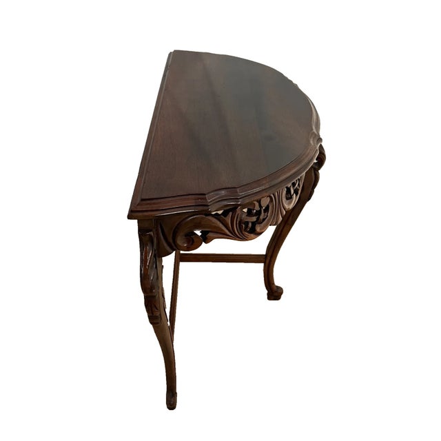Antique French Demilune Console Table Hand Carved Petite Size Mahogany For Sale - Image 4 of 12