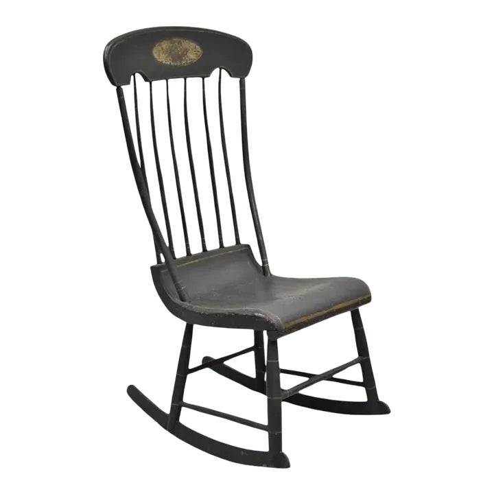 Antique Colonial Stencil Back Black Painted Plank Bottom Rocker Rocking ...