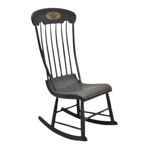 Antique Colonial Stencil Back Black Painted Plank Bottom Rocker Rocking Chair