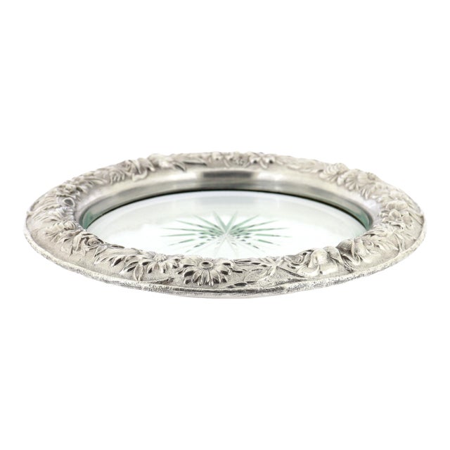 Early 20th Century Large Antique Kirk & Son Repousse Sterling Silver & Cut Glass Wine Coaster For Sale