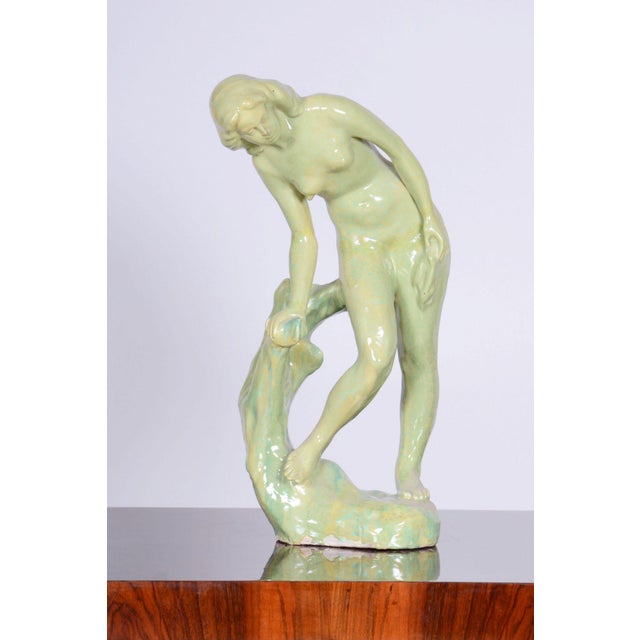 Green Vintage Art Deco Statue in Glazed Ceramic, 1940s For Sale - Image 8 of 10