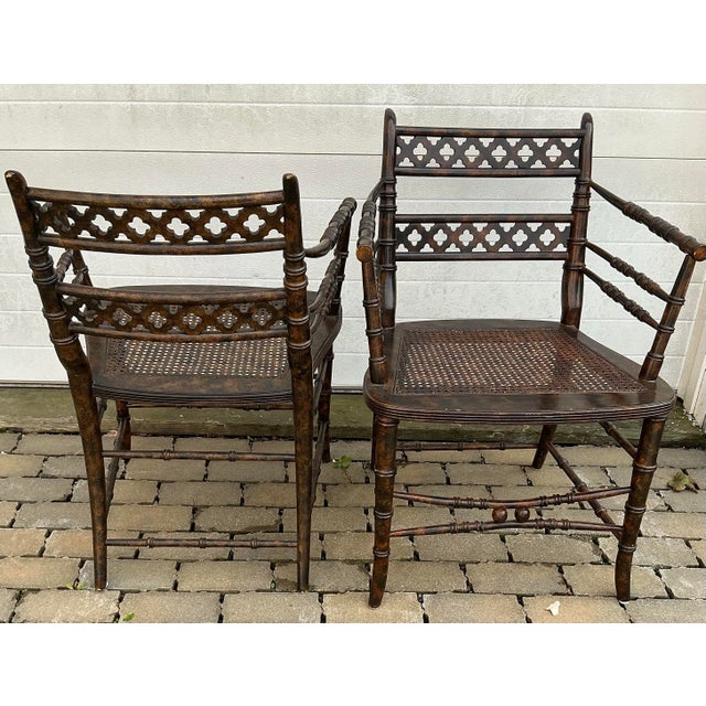 Late 20th Century Pair of Regency Style Faux-Bamboo Faux-Painted Caned Seat Arm Chairs by Baker Furniture. For Sale - Image 5 of 12