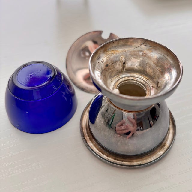 Circa 1950s English Silver Plate Salt Cellar With Lid With Colbalt Blue Insert For Sale - Image 10 of 11