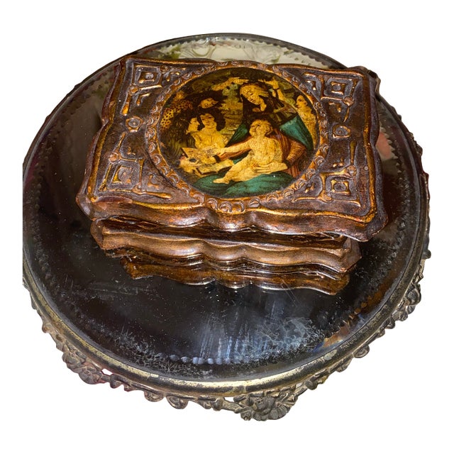 Vintage Italian Hand-Painted Wooden Box With Ornate Trim. For Sale