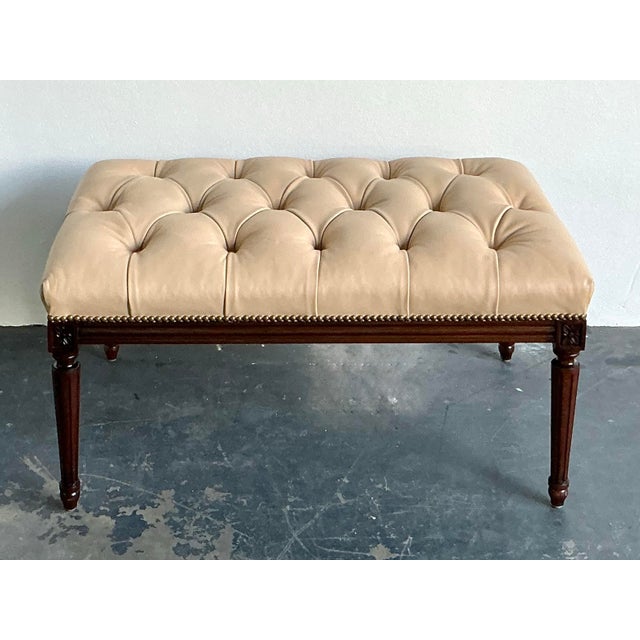 Tan Vintage Regency Tufted Leather Bench For Sale - Image 8 of 11
