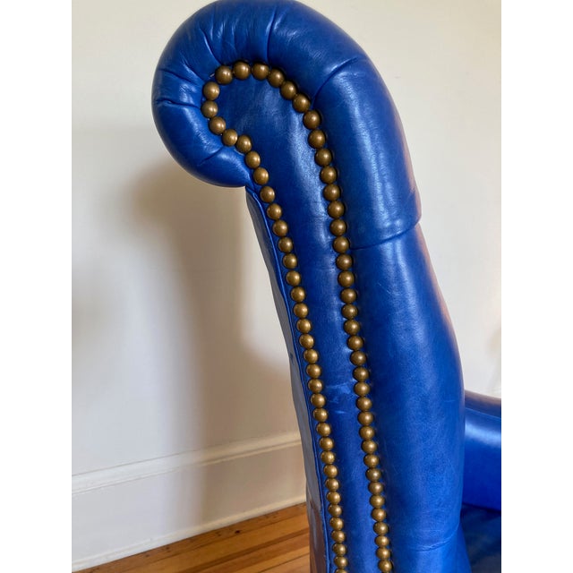 1990s Vibrant Royal Tufted Blue Leather Brass Chesterfield Executive Desk Chair with Nailhead Trim For Sale - Image 9 of 9