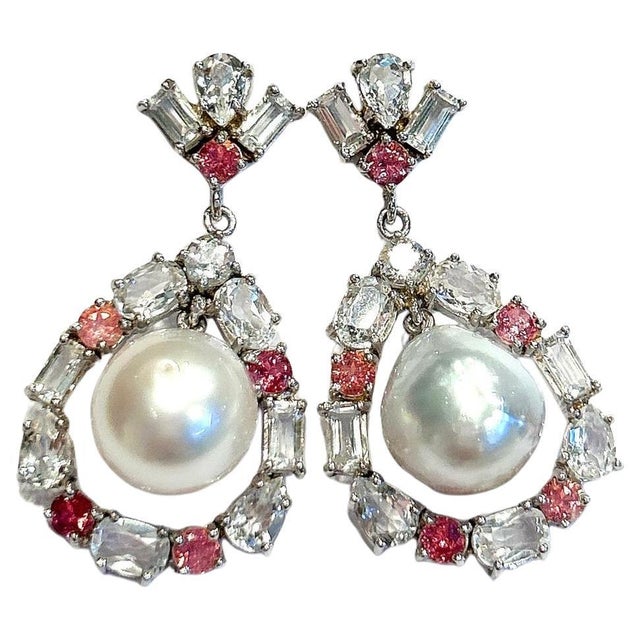 White Bochic "Orient" Vintage Pink Sapphire, Topaz & Pearls Earrings Set 18K Gold & Silver For Sale - Image 8 of 8