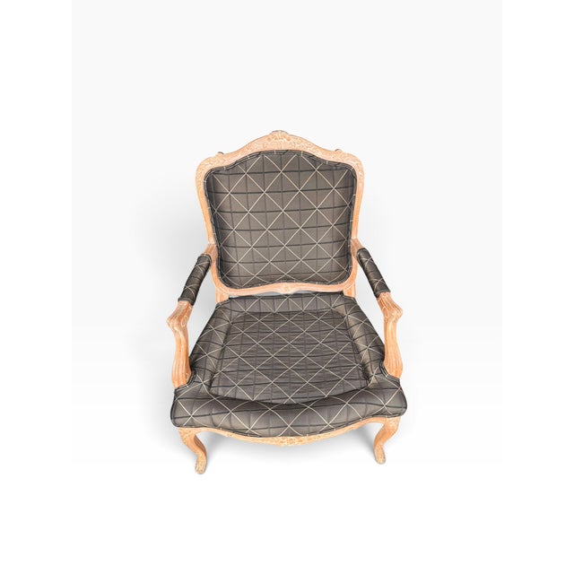 Wood Vintage Louis XV Style Carved Wood Bergère Chair in Black & Cream Geometric Fabric For Sale - Image 7 of 16