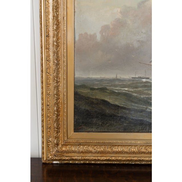 Large 19th Century Signed Original Oil of Early Steamship in Original Carved Frame For Sale In Charleston - Image 6 of 18