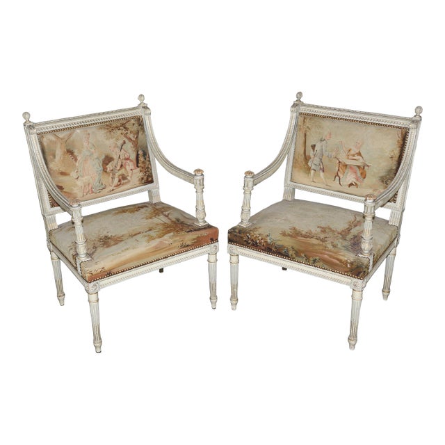 Pair 19th C French Louis XVI Parcel Gilt Carved Armchairs With Aubusson Tapestry For Sale