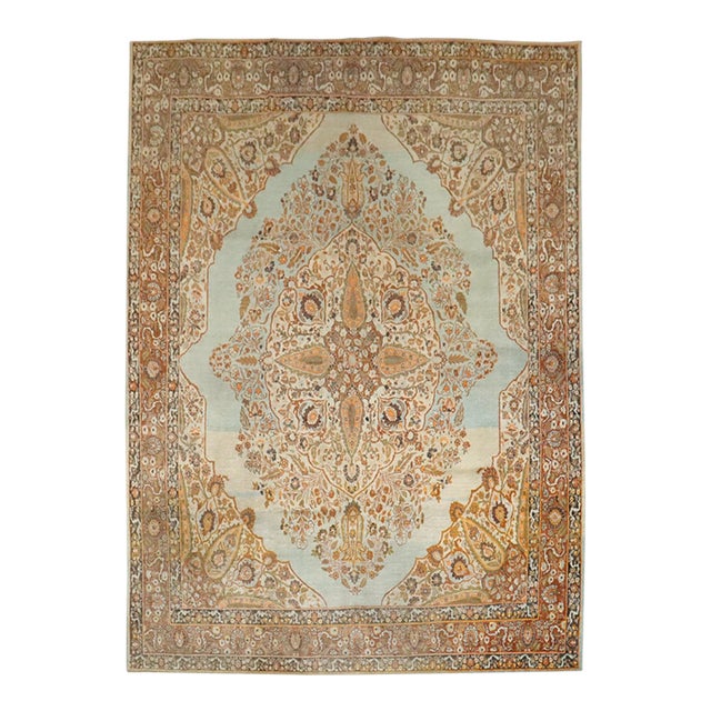 Stunning Turquoise Antique Persian Tabriz Rug - 8'10" x 11'8" For Sale