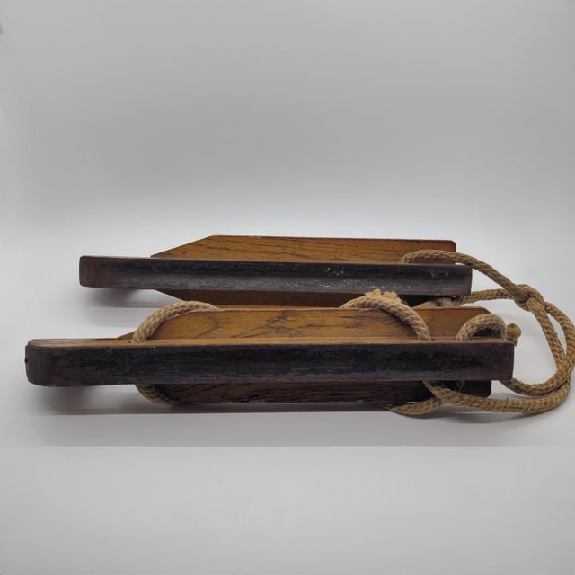 Antique Wooden Ice Skates Primitive Rustic Winter Holiday Decor Jute Rope Pair For Sale - Image 6 of 11