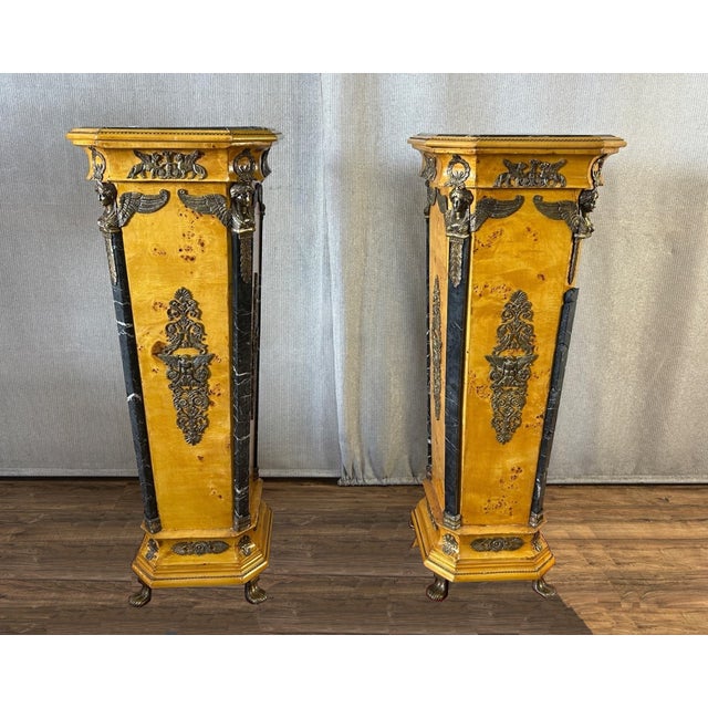 Gorgeous Pedestals in Good Antique Condition. Solid and Firm. The Mottled Marble Tops and approx 3 bands are crumbling....
