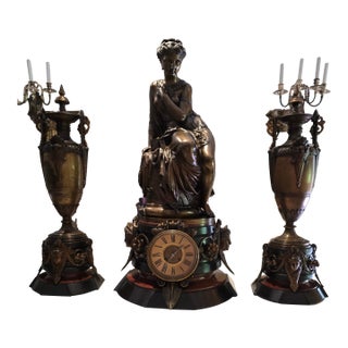 Antique Grand Palace Signed Bronze Clock Set For Sale