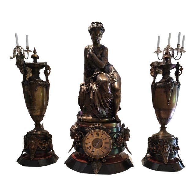 Antique Grand Palace Signed Bronze Clock Set For Sale