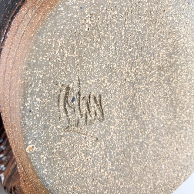 Vintage Studio Art Pottery Textured Vase Artist Signed Brown Mid Century Modern South Western For Sale - Image 11 of 12