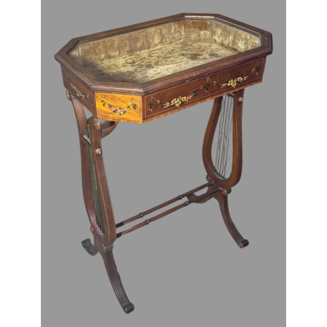 Early 20th Century Antique Floral Painted Adam’s Style Mahogany Lift Top Vitrine Curio Display Cabinet For Sale - Image 5 of 12