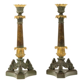 Gilded Acanthus: Pair of 19th Century French Bronze Candlesticks For Sale